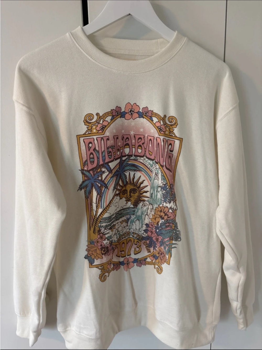 Billabong Cream Sweatshirt with Pink, Blue and Gold Retro Surf Graphic